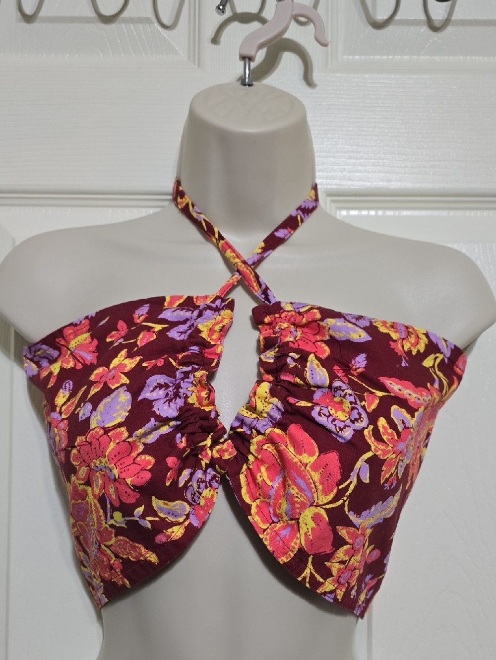 Free People Wine Floral Halter Crop Top with Pink & Yellow Blooms